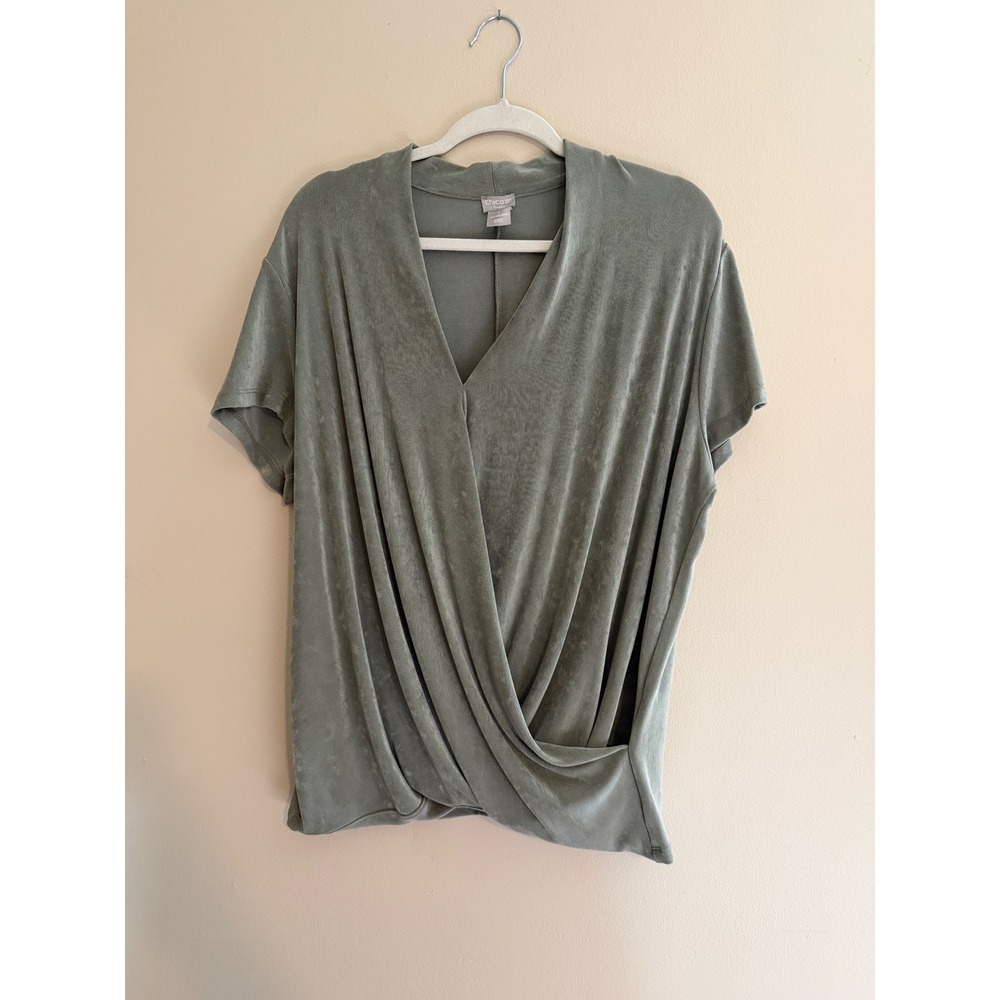 Chico's Womens Sage Green Draped Wrap Front Tunic Top V Neck Short Sleeve